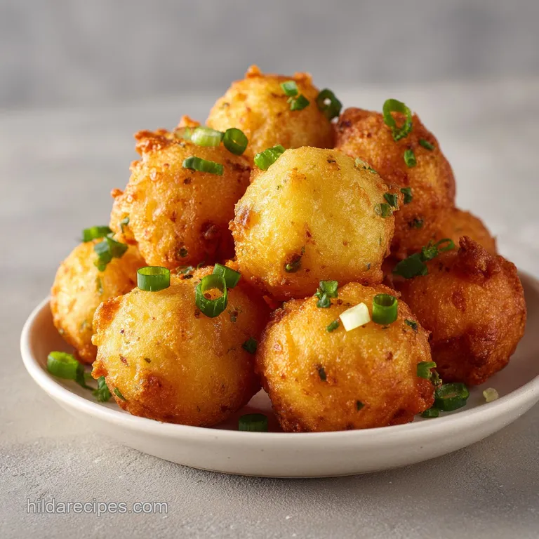 A neat stack of fluffy, golden hush puppies arranged artfully on a white plate with a sprig of parsley.