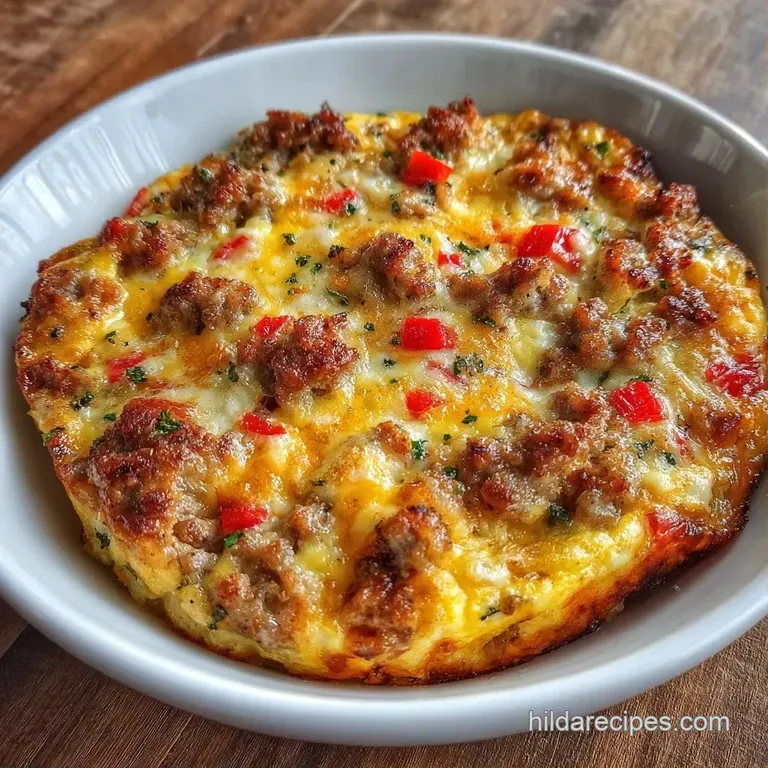 A square slice of cheesy egg bake on a white plate, topped with chopped scallions and a side of fresh berries.