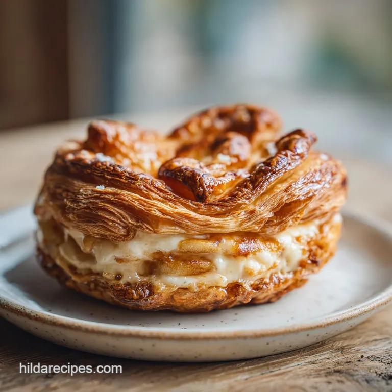 Slice of warm croissant pie showing flaky layers and a creamy egg filling, with crispy bacon bits on a white plate.