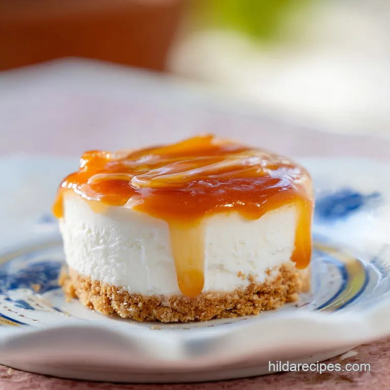 A single slice of creamy caramel cake on a dark plate, topped with a golden drizzle and a fresh mint leaf garnish.