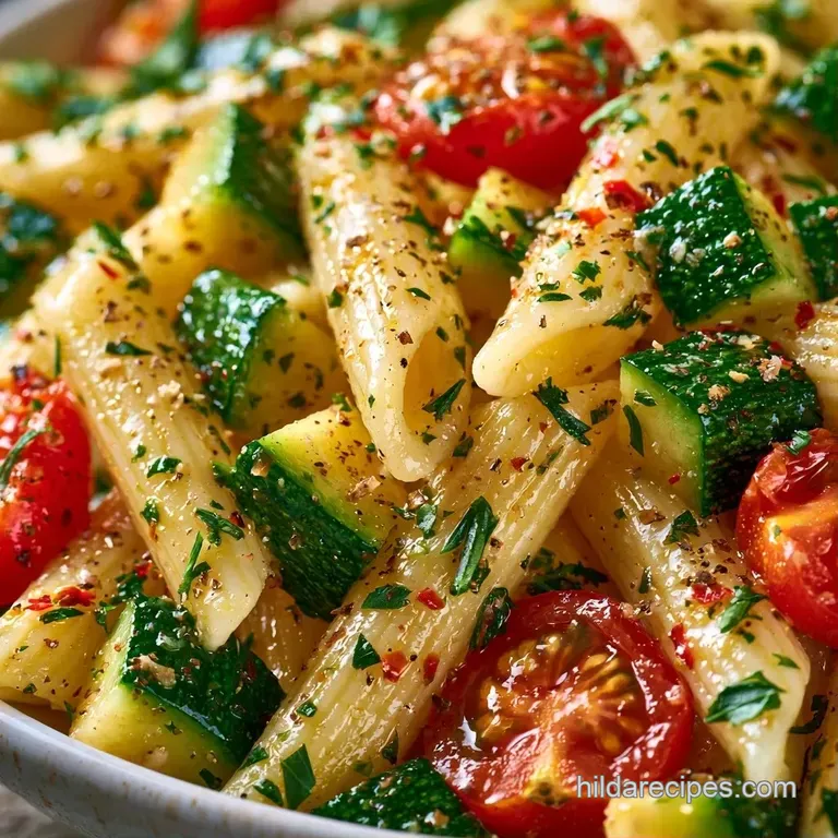 Twirled pasta noodles tossed with bright green zucchini and fresh herbs on a clean white ceramic plate.