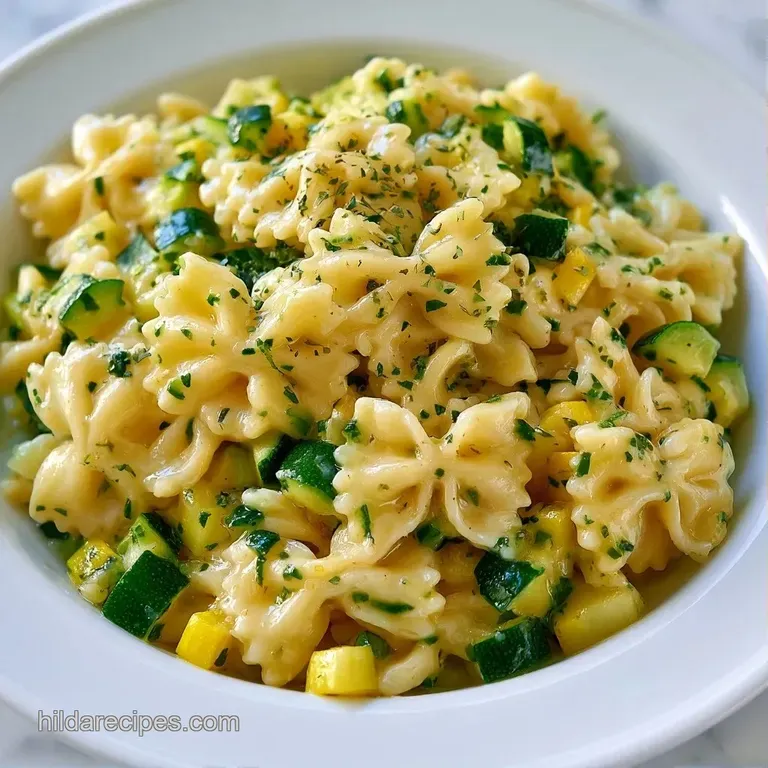Twirled pasta with vibrant zucchini ribbons and a dusting of parmesan cheese on a clean white ceramic plate.
