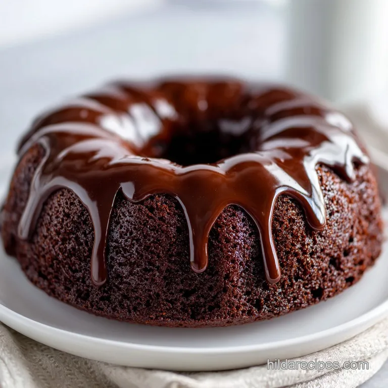 Slice of decadent chocolate cake with a smooth ganache waterfall, served on white plate with a scattering of cocoa powder.