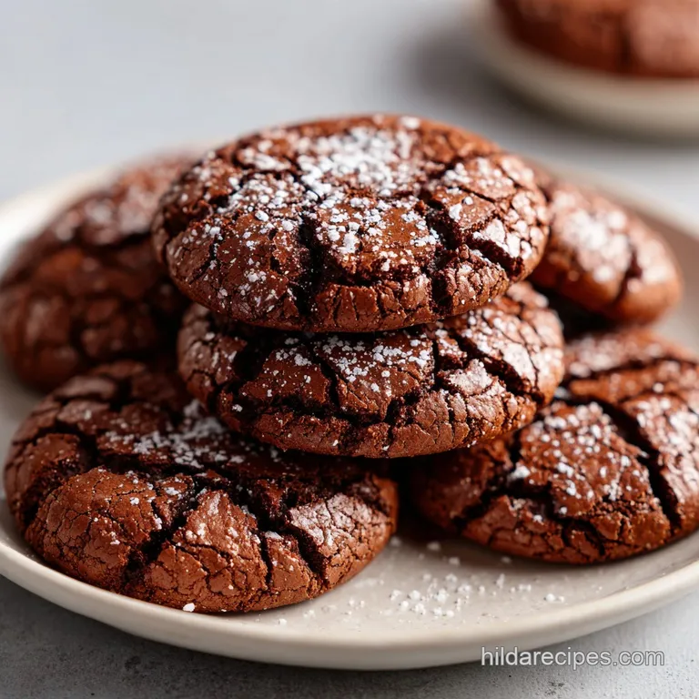 A neat stack of dark chocolate crinkle cookies, showcasing their cracked, powdery tops and soft centers.