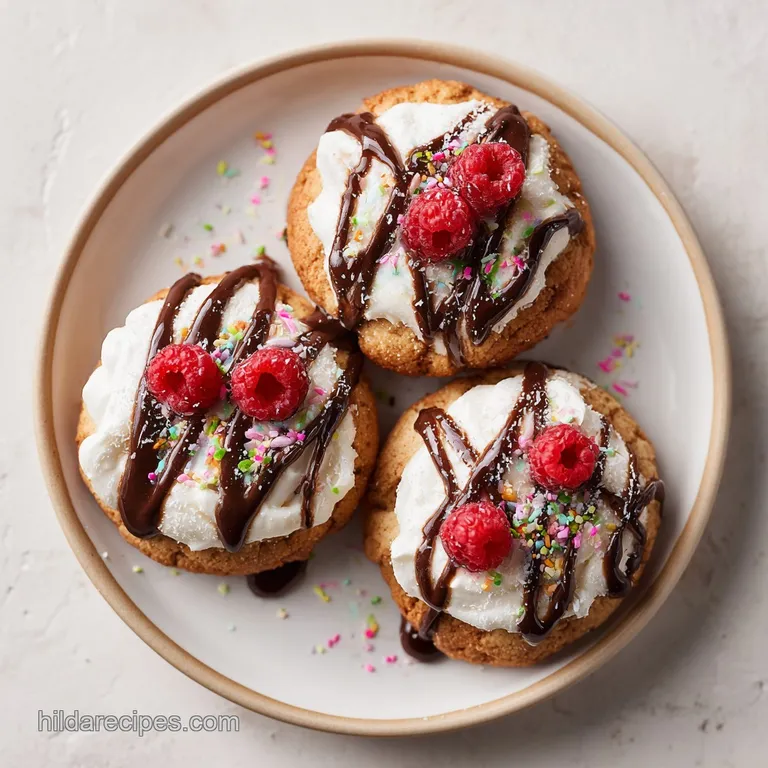 A single pale cookie rests on a white ceramic plate, a swirl of whipped cream and a sprinkle of colorful edible glitter ne...