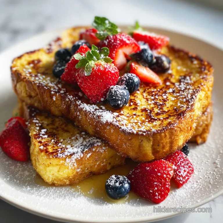 Stacked French toast triangles with caramelized edges, dusted with powdered sugar and drizzled with golden maple syrup on ...