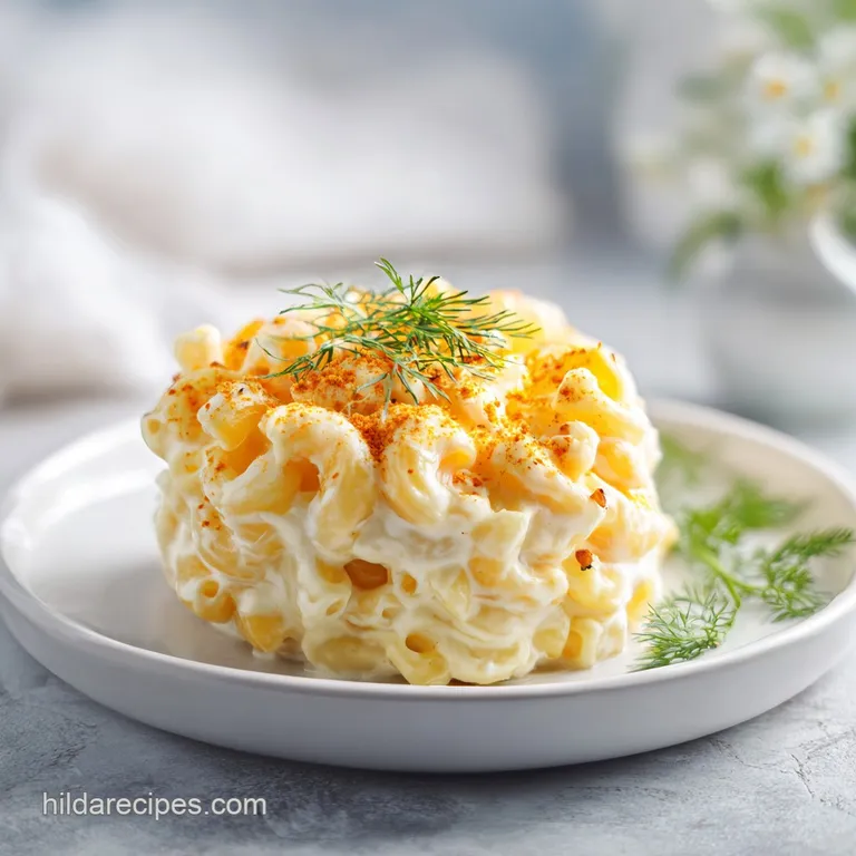 Bright macaroni salad artfully arranged in a bowl, sprinkled with fresh herbs and vibrant pops of red and green from veggies.