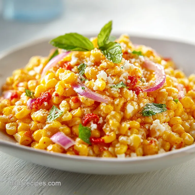 Bright corn salad piled high on a white plate, garnished with cilantro sprigs and a lime wedge. Colorful and appetizing.