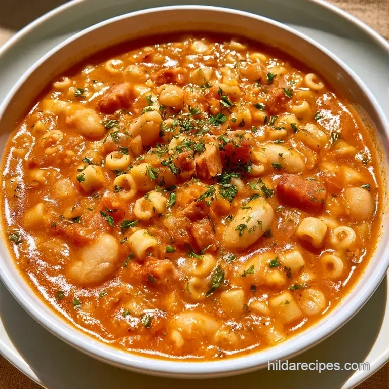 Rustic white bowl of savory bean and pasta stew topped with a sprinkle of fresh parsley and melted parmesan.