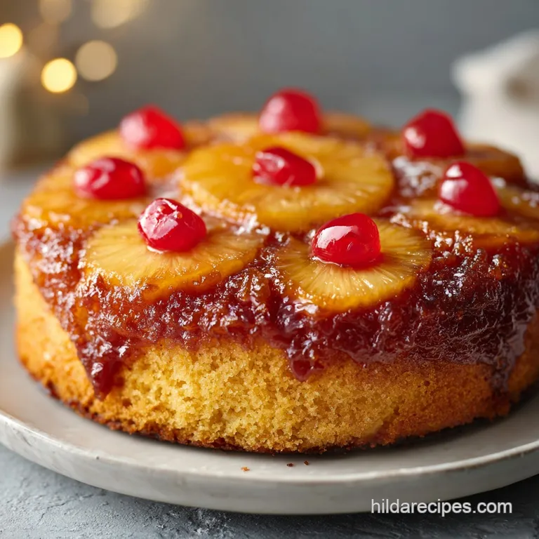 A radiant slice of pineapple cake, showcasing moist crumb and glossy caramelized topping on a white plate.