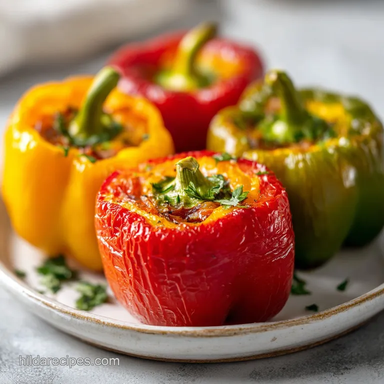 A vibrant, plated stuffed bell pepper with a glistening surface. Herbs offer a fresh aroma, hinting at a savory delight.