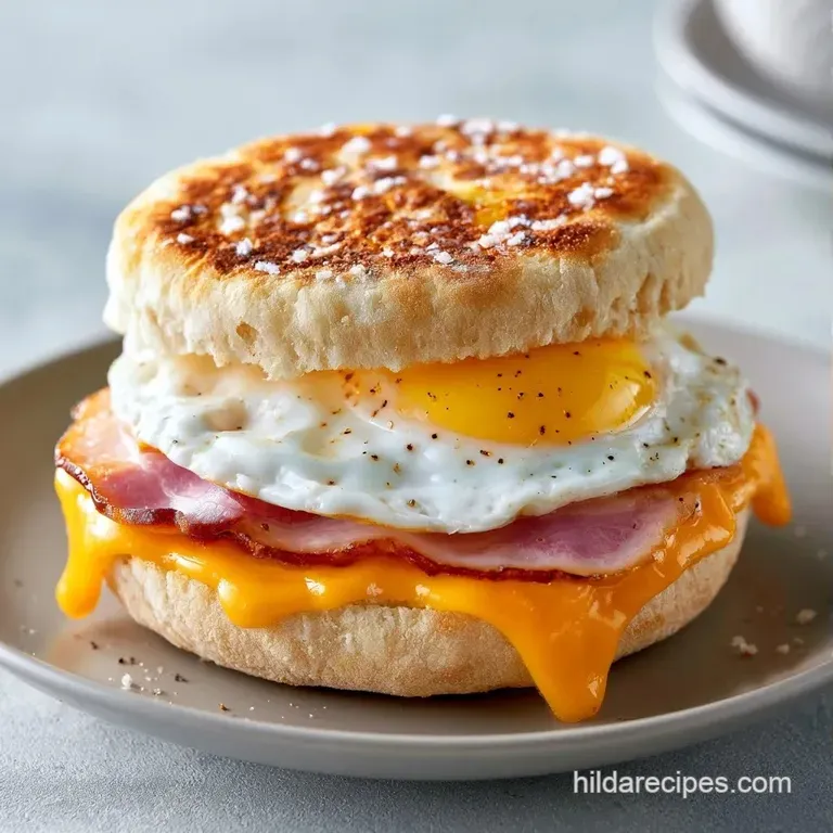 Toasted golden muffin stacked with a sunny egg and melted cheese on a ceramic plate beside fresh berries.
