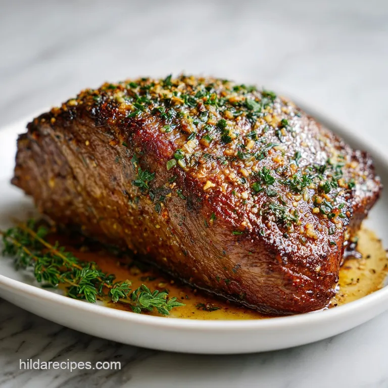 A generous slice of succulent roast beef adorned with fresh rosemary on a rustic wooden board.