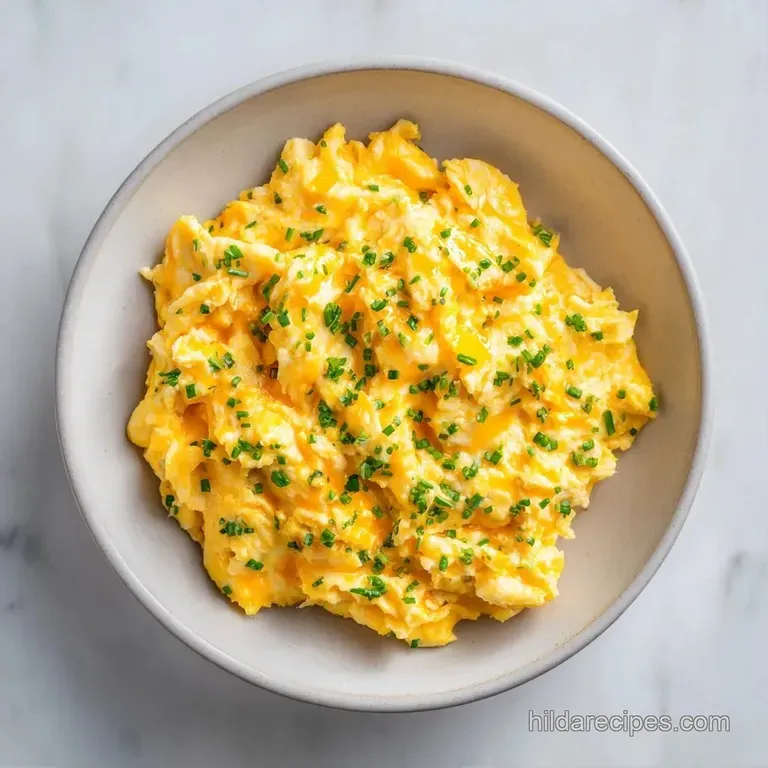 Soft golden egg curds piled high on a white plate, garnished with chopped chives and a sprinkle of black pepper.