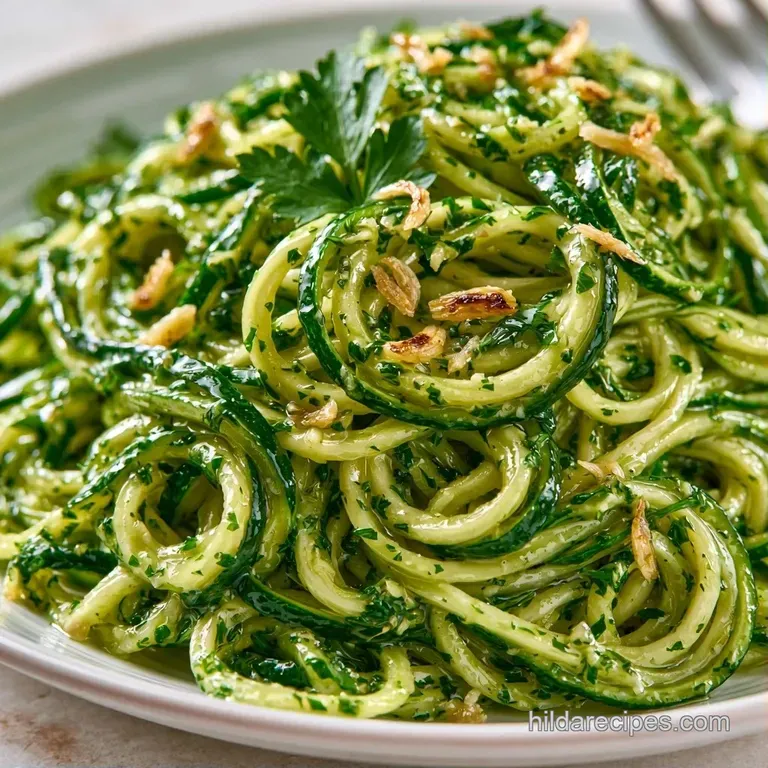 A swirl of bright green vegetable spirals on a white plate, garnished with lemon zest and sprigs of fresh parsley.