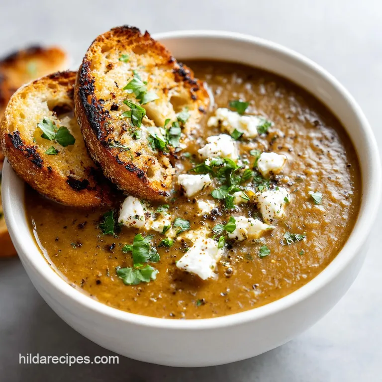 A bright bowl of French lentil soup topped with crumbled feta and fresh herbs, ready to be eaten. Rustic and inviting.