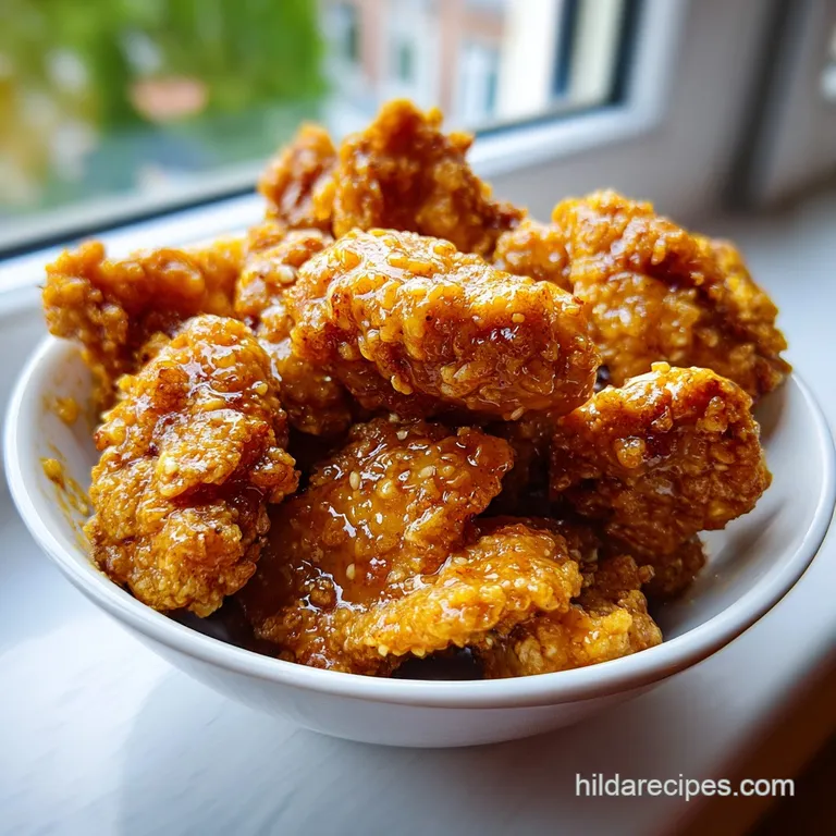 Sliced crispy chicken on a white ceramic plate, drizzled with creamy mustard sauce and garnished with bright herbs.