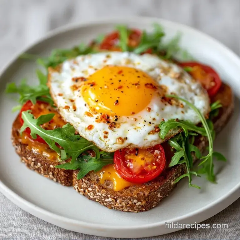 A warm breakfast sandwich on a white ceramic plate, served with a side of crisp greens and fresh red cherry tomatoes.