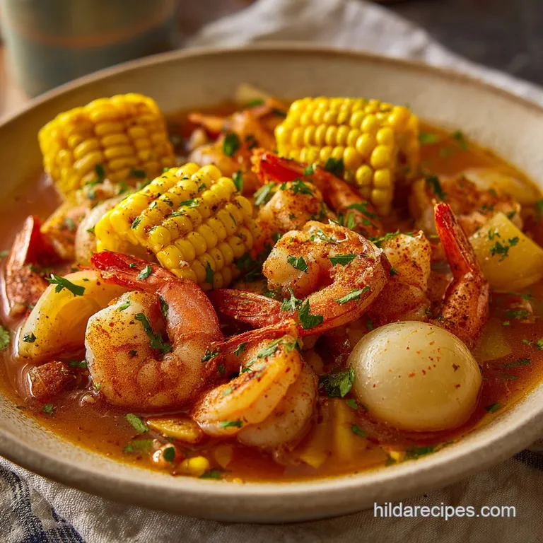 A heaping plate of Frogmore Stew, showcasing the juicy shrimp, spicy sausage, and tender corn. Steam rises invitingly.