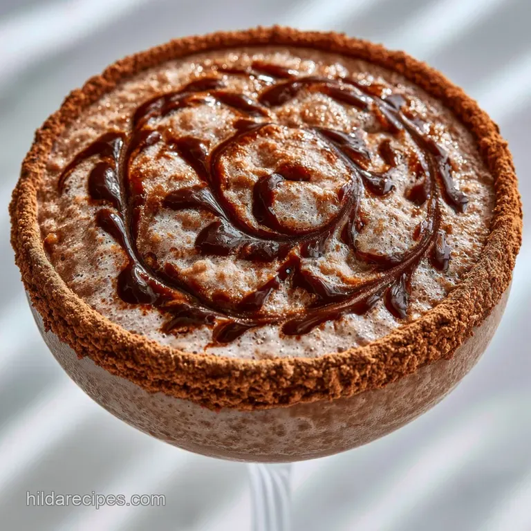 Two chilled coupe glasses filled with deep brown slushy cocktails resting on a dark slate board with cocoa powder.
