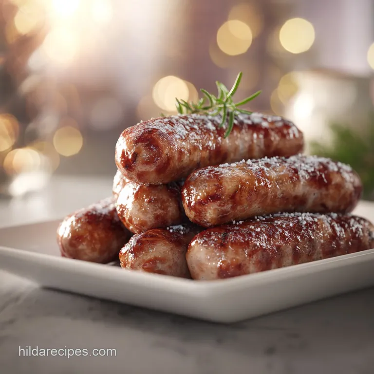 Sausage links beautifully fanned on a white plate with a vibrant green garnish, showcasing a slight char.