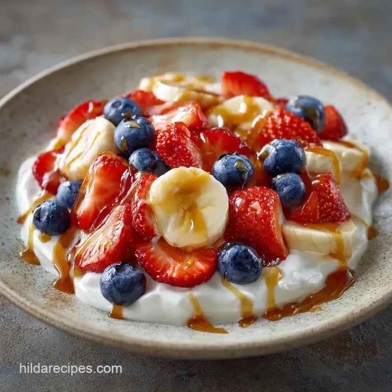 A white ceramic bowl filled with thick yogurt, neatly arranged berry slices, and a sprig of fresh green mint.