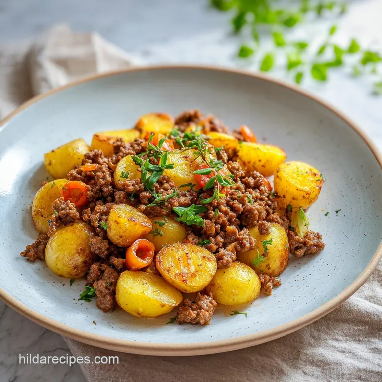 A comforting, steaming mound of savory ground beef and soft potatoes, artfully arranged on a rustic ceramic plate.