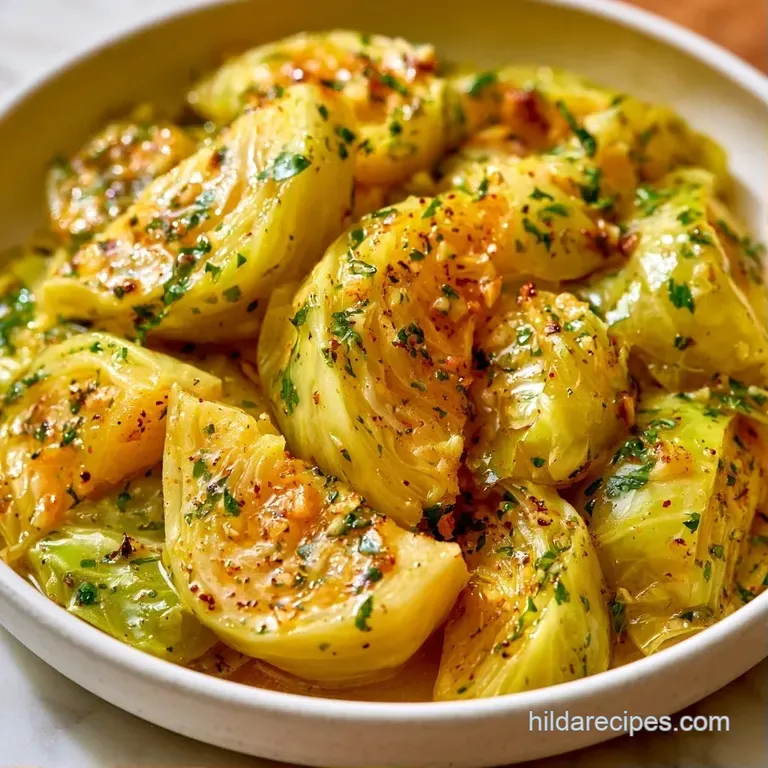 Neatly arranged tender green cabbage on a white porcelain plate, finished with a golden butter glaze and herbs.