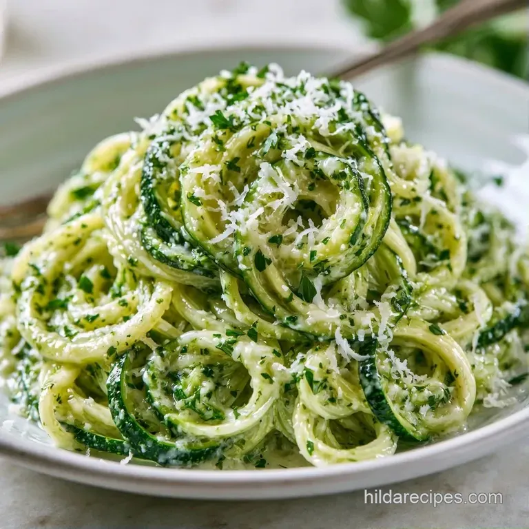 Vibrant green vegetable noodles twirled in a ceramic bowl, garnished with fresh parsley and golden garlic slivers.