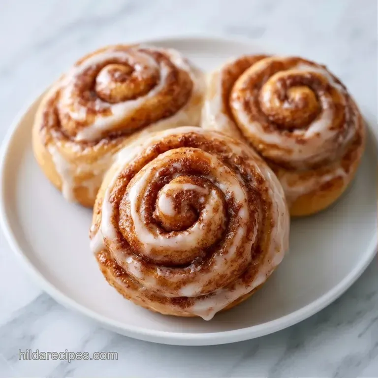 A single swirl of golden pastry topped with a glossy white glaze on a matte ceramic plate with a linen napkin.