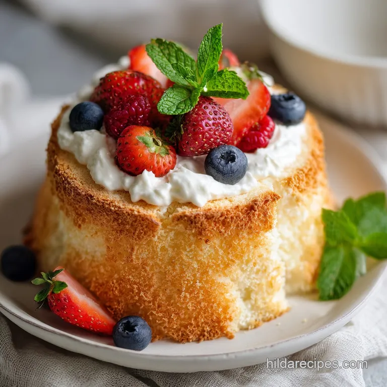 Elegant slice of angel food cake topped with fresh strawberries and a dusting of powdered sugar. Bright, airy, and utterly...