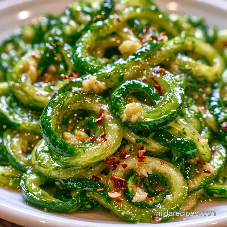 Spiraled green squash noodles piled high in a minimalist bowl, finished with a drizzle of oil and cracked pepper.