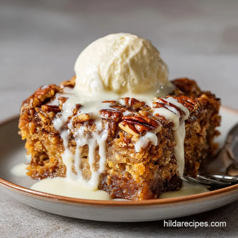 A slice of gooey pecan pie cake on a white plate, drizzled with condensation, with a fork.