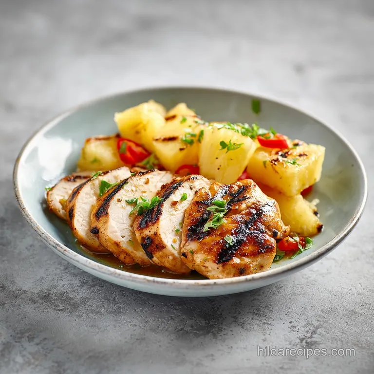 Glossy grilled pineapple chicken atop fluffy rice, speckled with herbs, a colorful, appetizing meal with beautiful char ma...