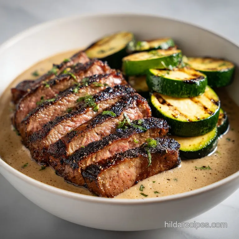 Perfectly plated steak bowl. Juicy steak rests atop fluffy rice and vibrant zucchini, drizzled with a creamy, tangy sauce.