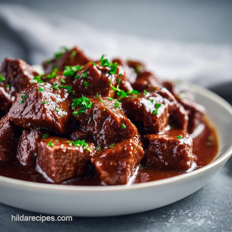 Rich, dark brown beef stew served in a shallow white bowl with glazed carrots and a sprig of fresh green thyme.
