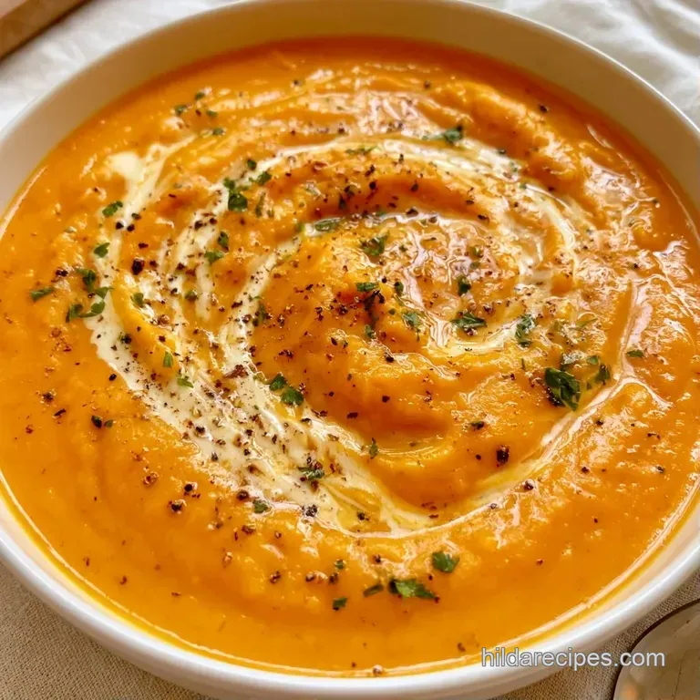 Vibrant orange puree served in a white bowl, garnished with a dollop of cream and fresh green chives on a linen cloth.