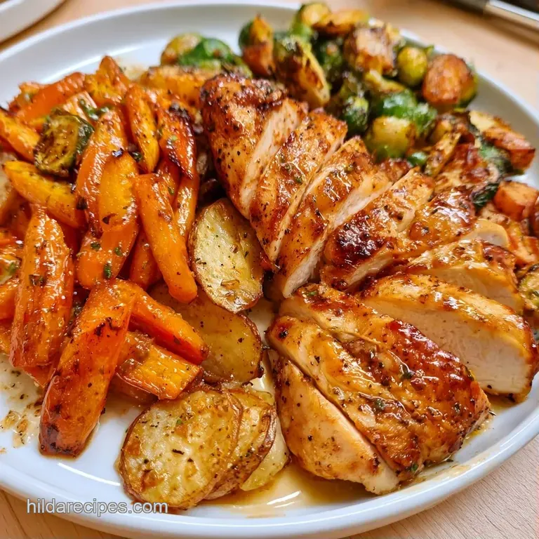 Seared chicken breast paired with glazed orange carrots and roasted parsnips, garnished with a fresh sprig of thyme.