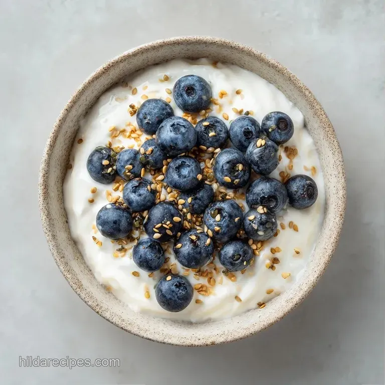Creamy white yogurt in a ceramic bowl topped with neat rows of fresh berries and a sprinkle of toasted granola.