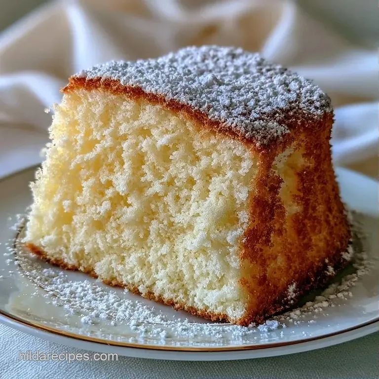 Pure white airy cake slice served on a porcelain plate with fresh raspberries and a dusting of powdered sugar.