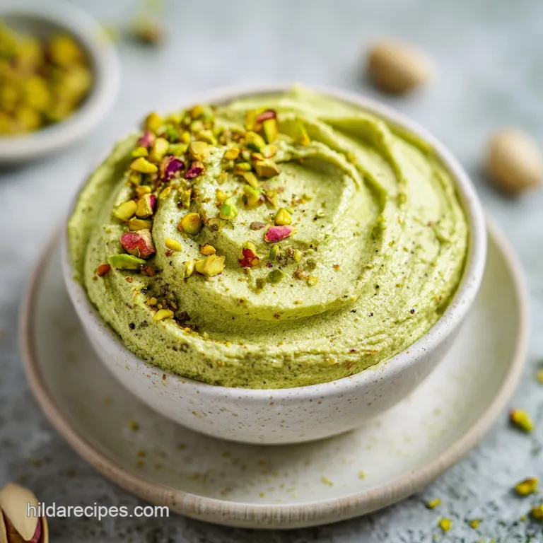 A spoonful of vibrant pistachio butter cascading onto a slice of crusty bread, highlighting its creamy, spreadable consist...