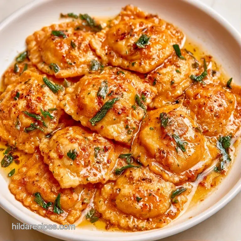 Pillowy pasta pockets arranged on a white plate, drizzled with shimmering amber sauce and fresh green herbs.