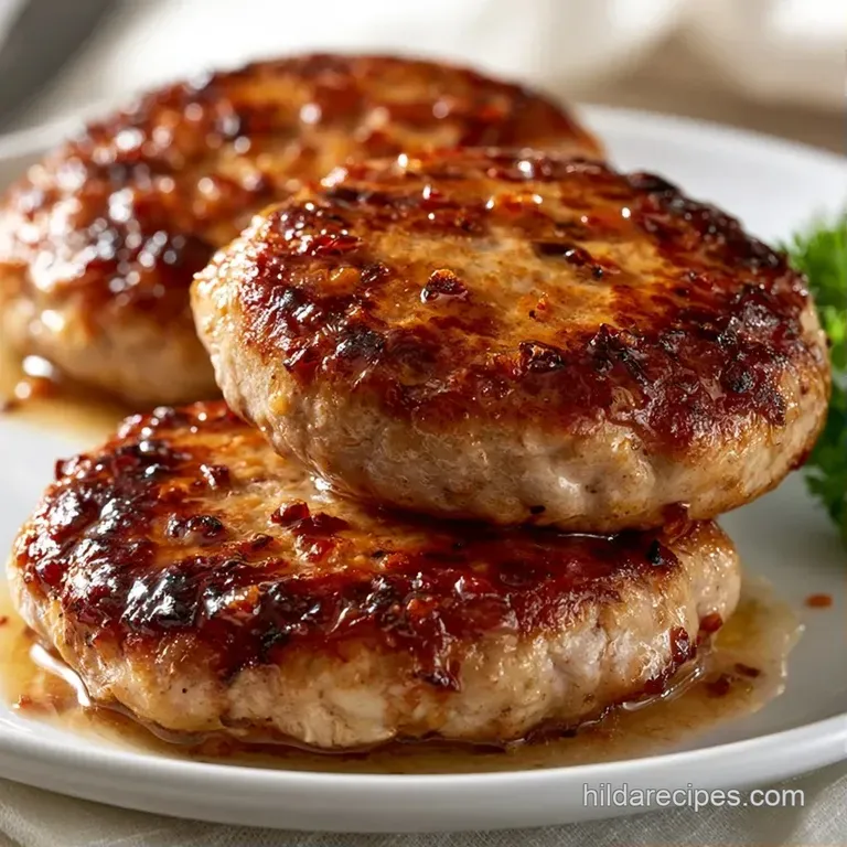 Three golden-brown meat patties neatly stacked on a white ceramic plate, garnished with a sprig of fresh parsley.