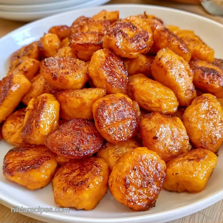 Elegant white plate with golden-brown potato dumplings, drizzled oil, and a sprinkle of fresh green herbs.