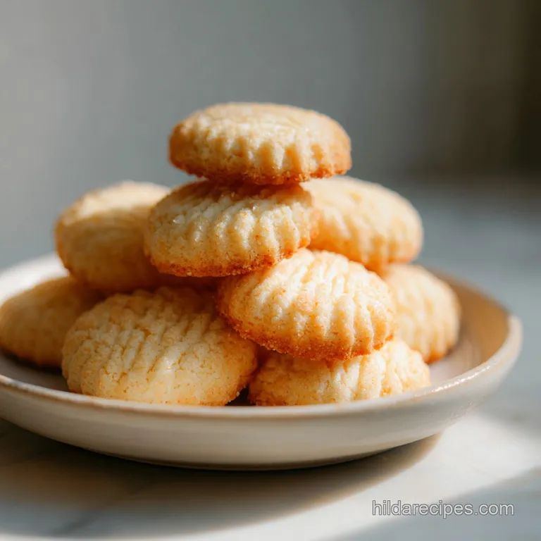A tower of delicate vanilla wafers, hinting at crispness, stands tall on a cake stand against a soft, neutral backdrop.