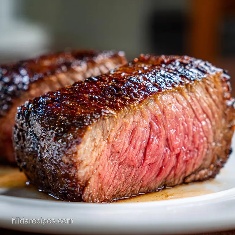 Slices of tender tri-tip arranged beautifully, exposing a rosy pink interior. Garnished with rosemary sprigs and a drizzle...