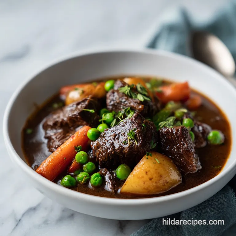 A steaming bowl of hearty beef stew, topped with fresh parsley, served with crusty bread.
