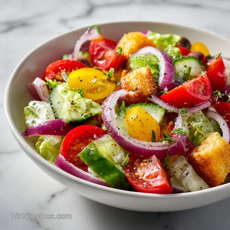 A large bowl filled with fresh greens, red tomatoes, white cheese, and dark olives, artfully arranged with a glistening vi...