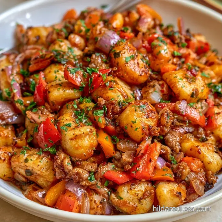 A portion of pillowy potato dumplings and savory sausage topped with melted cheese on a matte white ceramic plate.