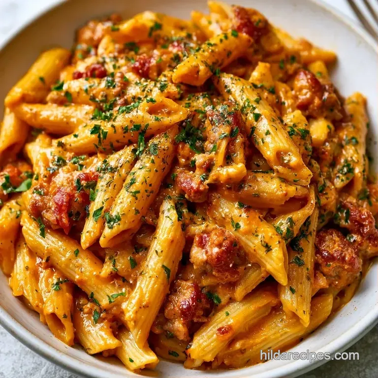 A swirl of pasta coated in a rich, velvety orange sauce with seared meat pieces and a dusting of white cheese.